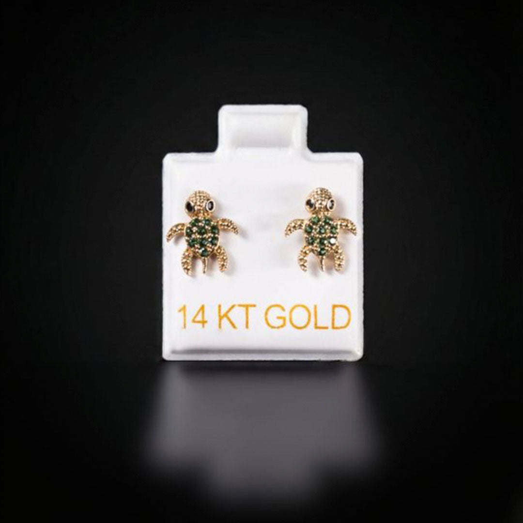 Aretes tortuga con zirconias verdes 14k