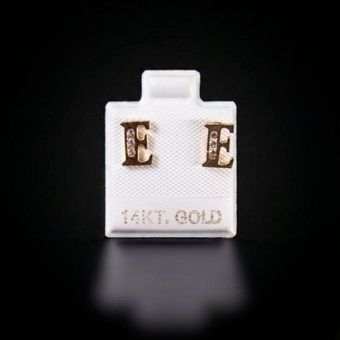 Aretes inicial "E" con zirconias blancas 14k