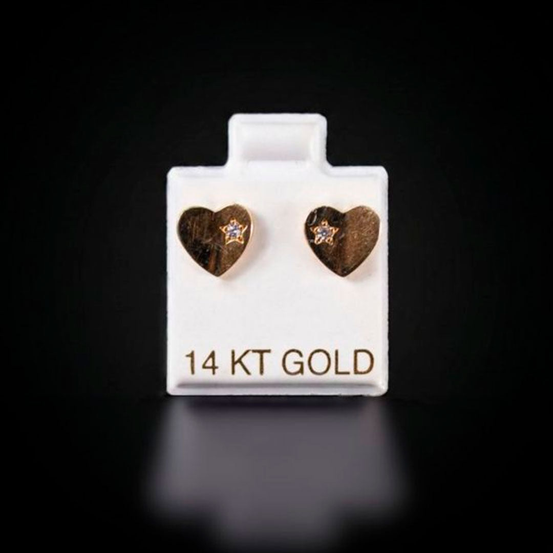 Aretes corazón liso con zirconia blanca 14k