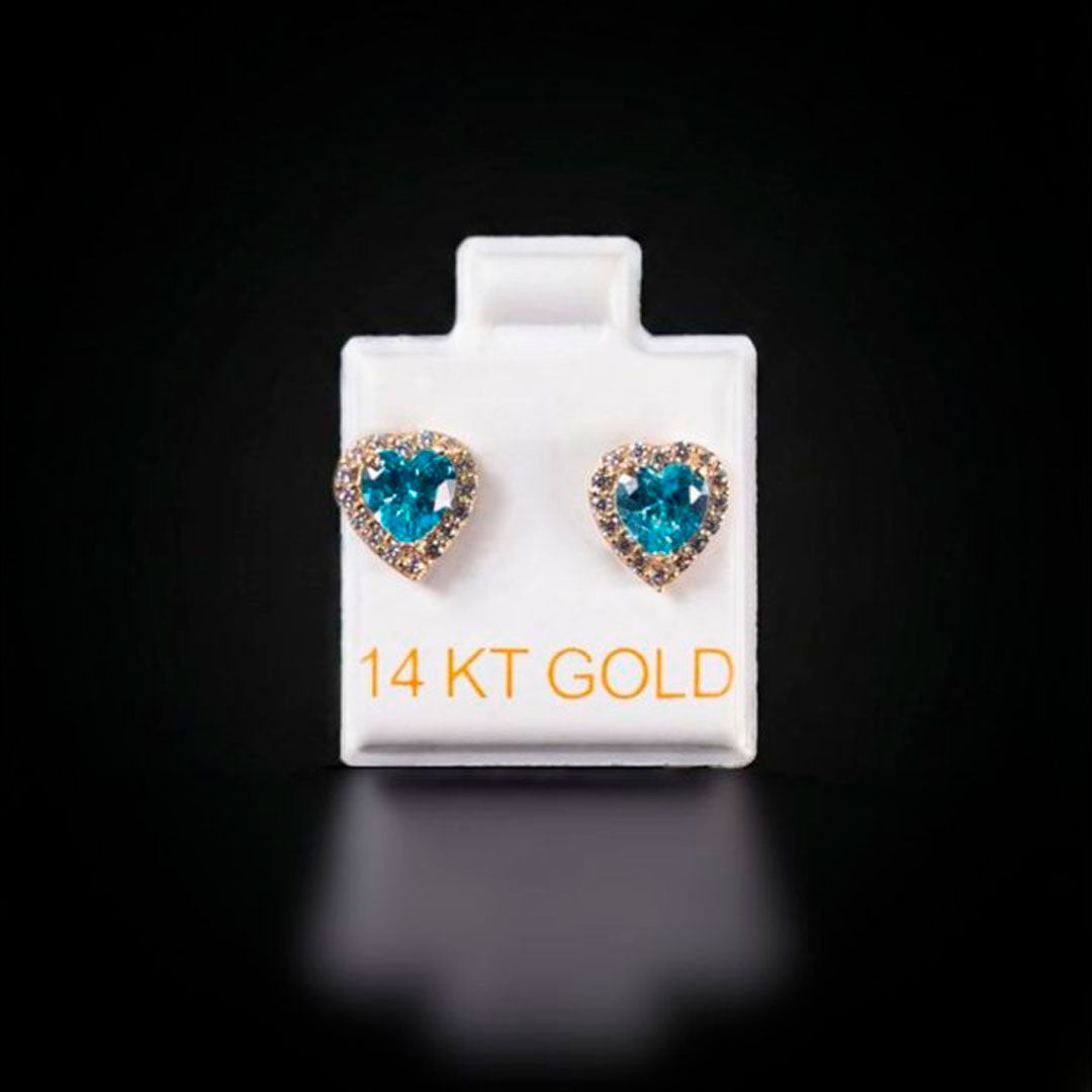Aretes corazón celeste con zirconias blancas 14k