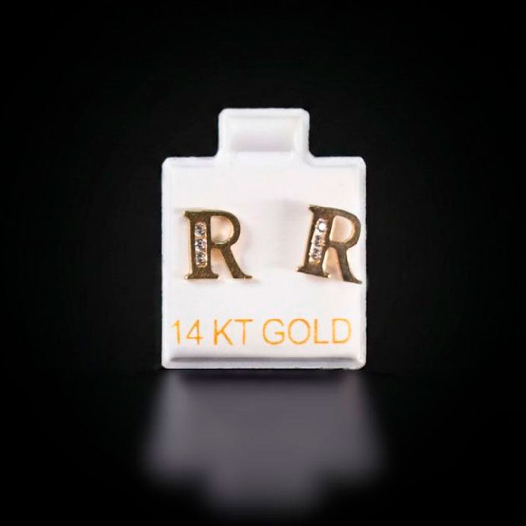 Aretes inicial "R" con zirconias blancas 14k