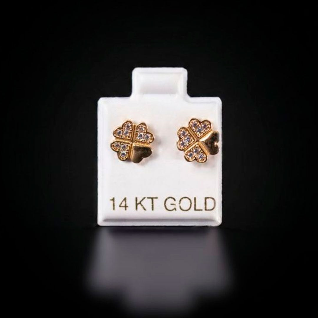 Aretes trébol con zirconias blancas 14k