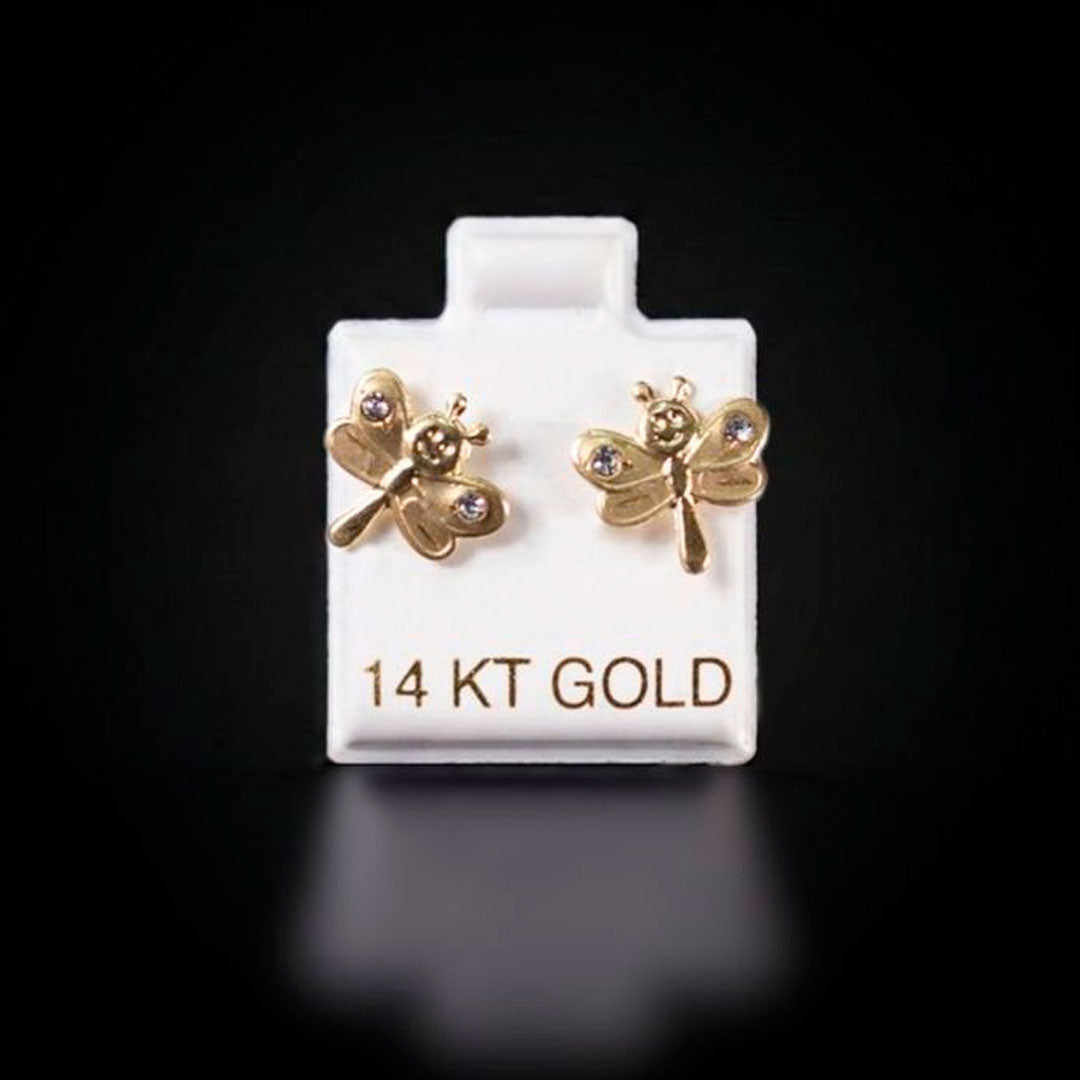 Aretes libélula con zirconias blancas 14k