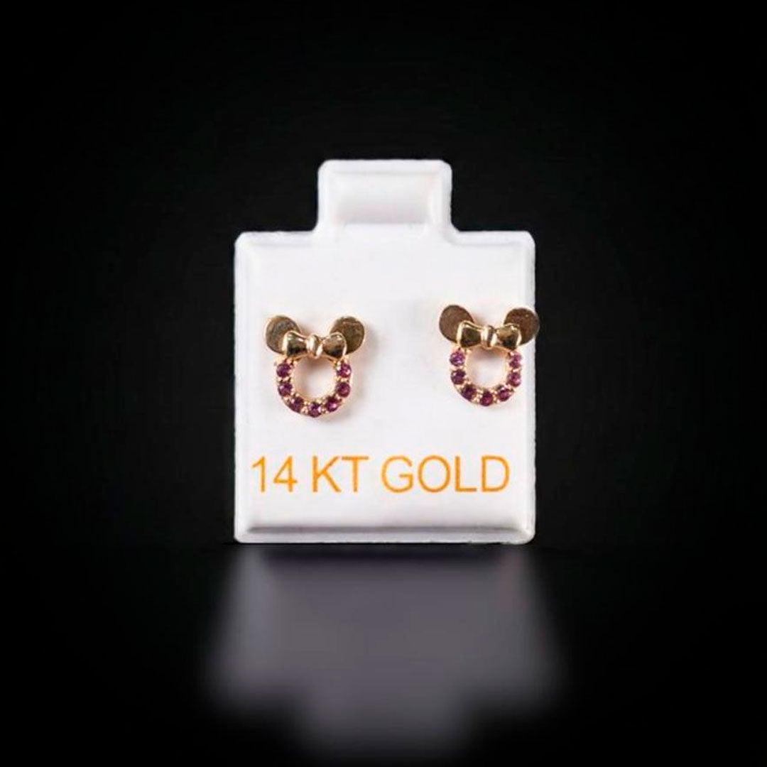 Aretes Minnie con zirconias rosadas 14k