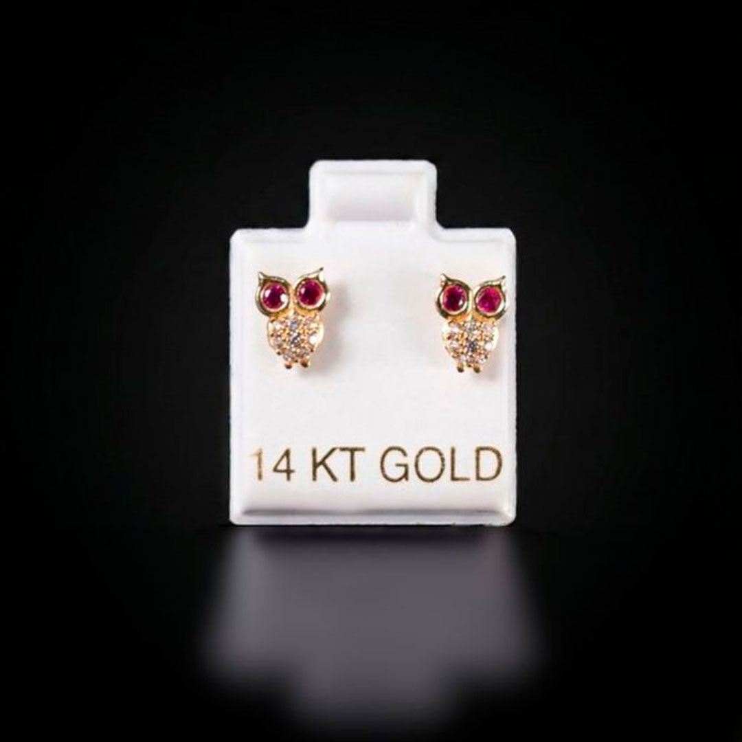 Aretes búho con  zirconias blancas y rojas 14k