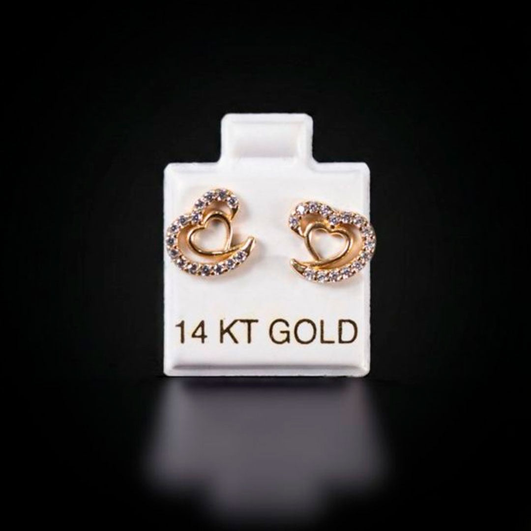 Aretes corazón doble con zirconias blancas 14k