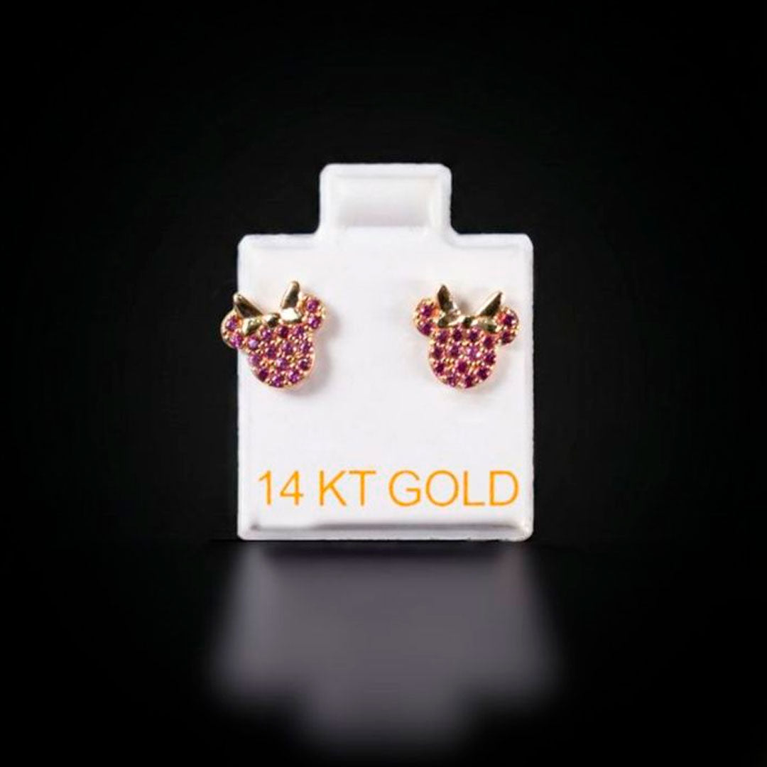 Aretes Minnie con zirconias fucsias 14k