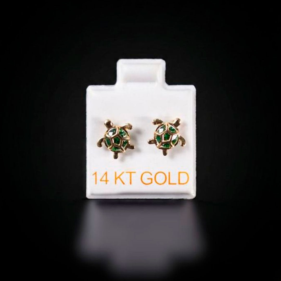Aretes tortuga con zirconia verde 14k