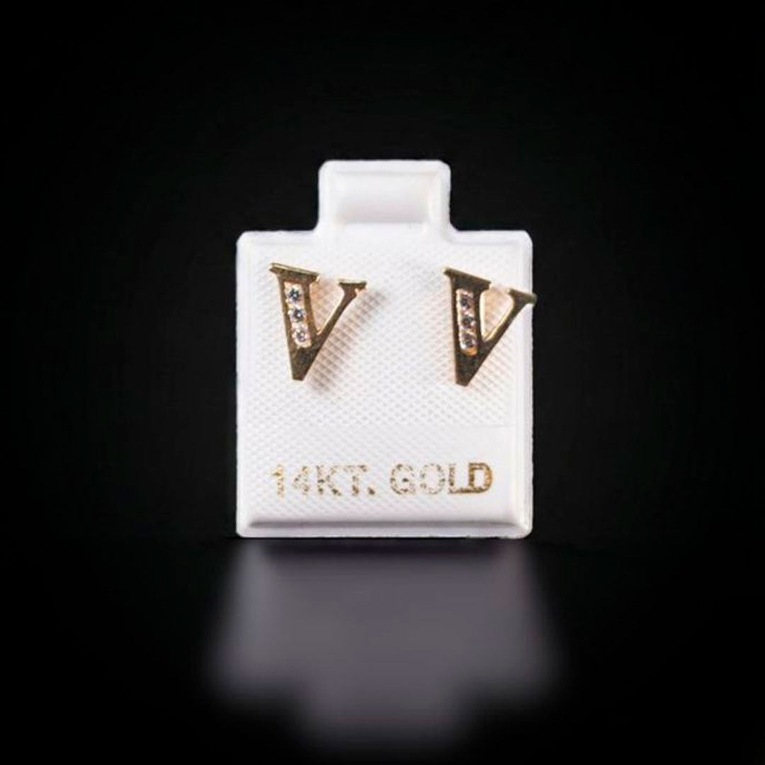 Aretes inicial "V" con zirconias blancas 14k