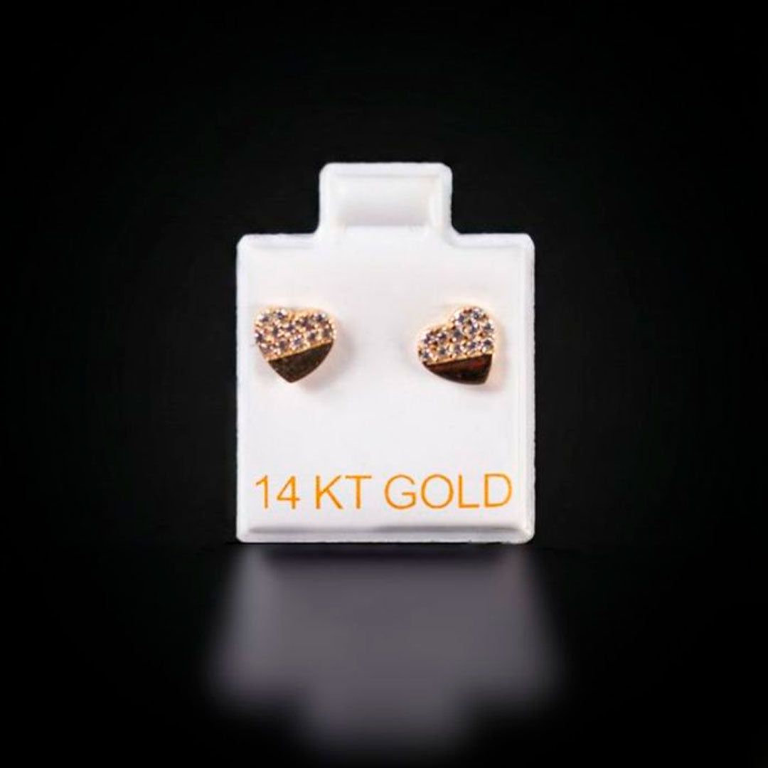 Aretes corazón liso y zirconias blancas 14k