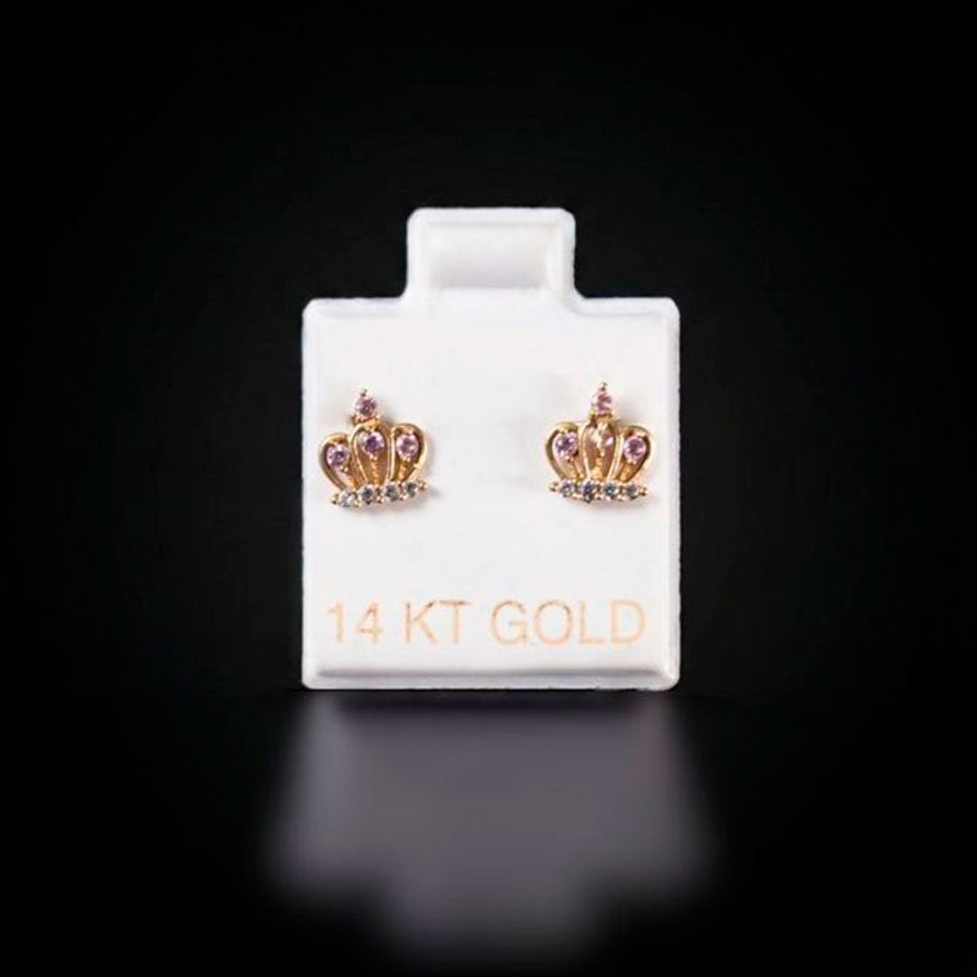 Aretes corona con zirconias rosadas 14k