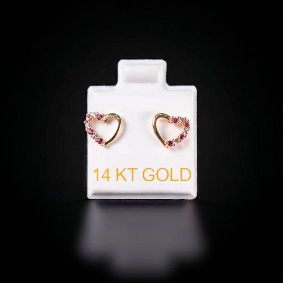 Aretes corazón con zirconias blancas y rosadas 14k