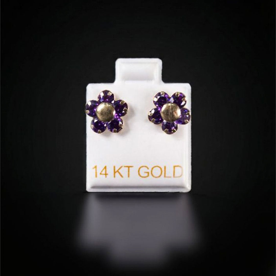 Arete flor con zirconias moradas 14k
