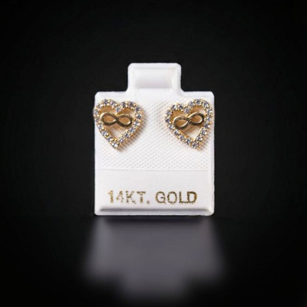 Aretes corazón infinito con zirconias blancas 14k
